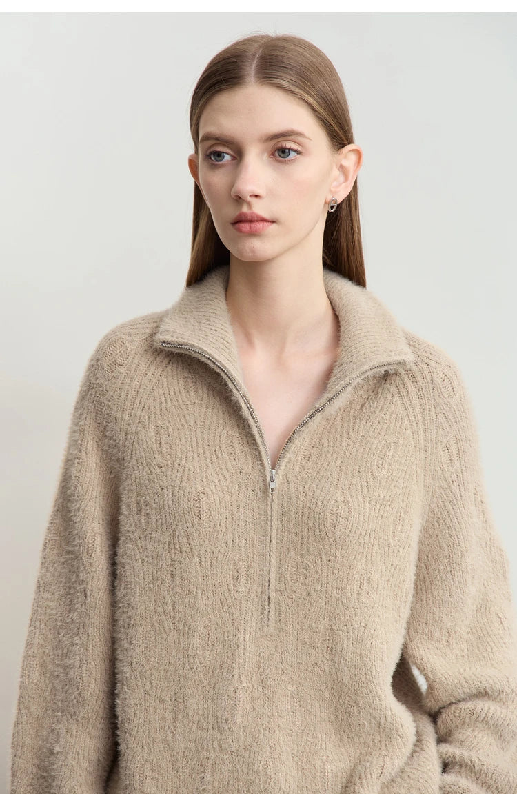 Damen-Rollkragenpullover Reißverschluss Nerz-Optik locker Winter