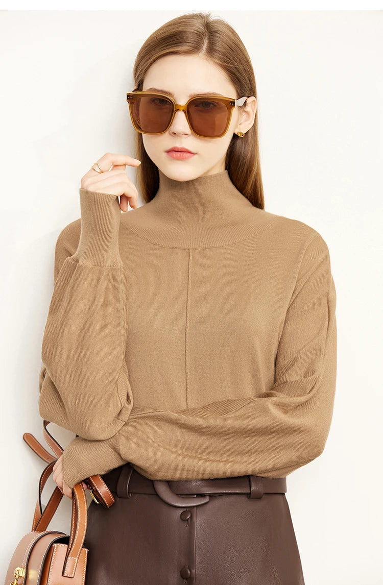 Damen-Rollkragenpullover 100 % Wolle locker Fledermausärmel Herbst