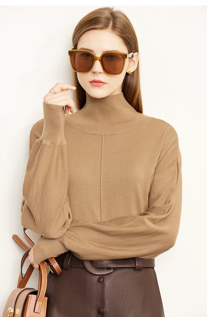 Damen-Rollkragenpullover 100 % Wolle locker Fledermausärmel Herbst
