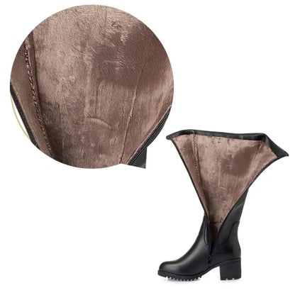 Damenstiefel, braun, hoher Schaft, runde Spitze, gepolsterter Einsatz, mit Blockabsatz