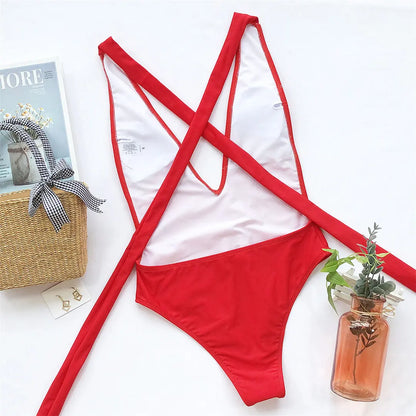 Damen-Badeanzug tiefer V-Ausschnitt Wickel Verband rückenfrei Monokini