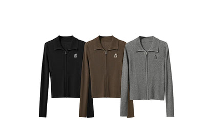 Damen-Strickjacke Buchstaben Slim Reißverschluss Wolle-Mix Herbst-Winter