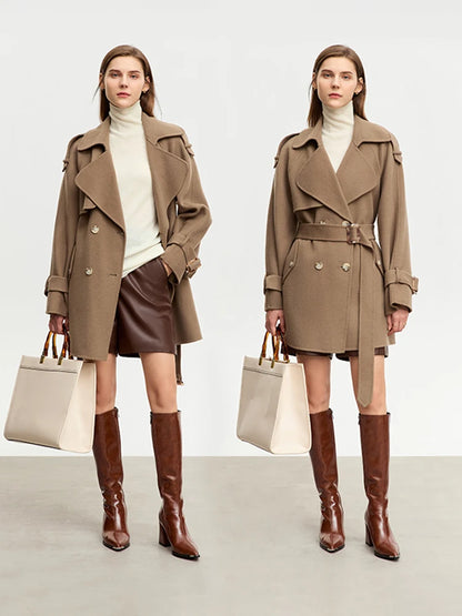 Damen Mid-Length Wollmantel im minimalistischen Stil mit Gürtel und Taschen