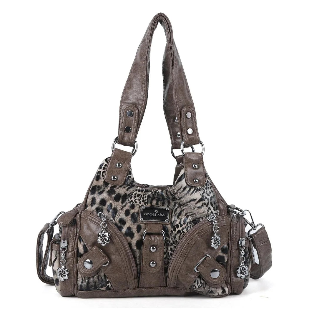 Damen-Handtasche mit Top-Griff und Mehrfachfächern für Smartphone Vintage-Stil Kompakt