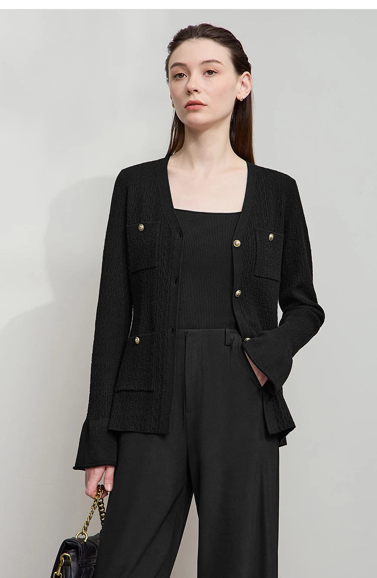 Damen-Strickjacke V-Ausschnitt einfarbig gerade Langarm vielseitig Herbst