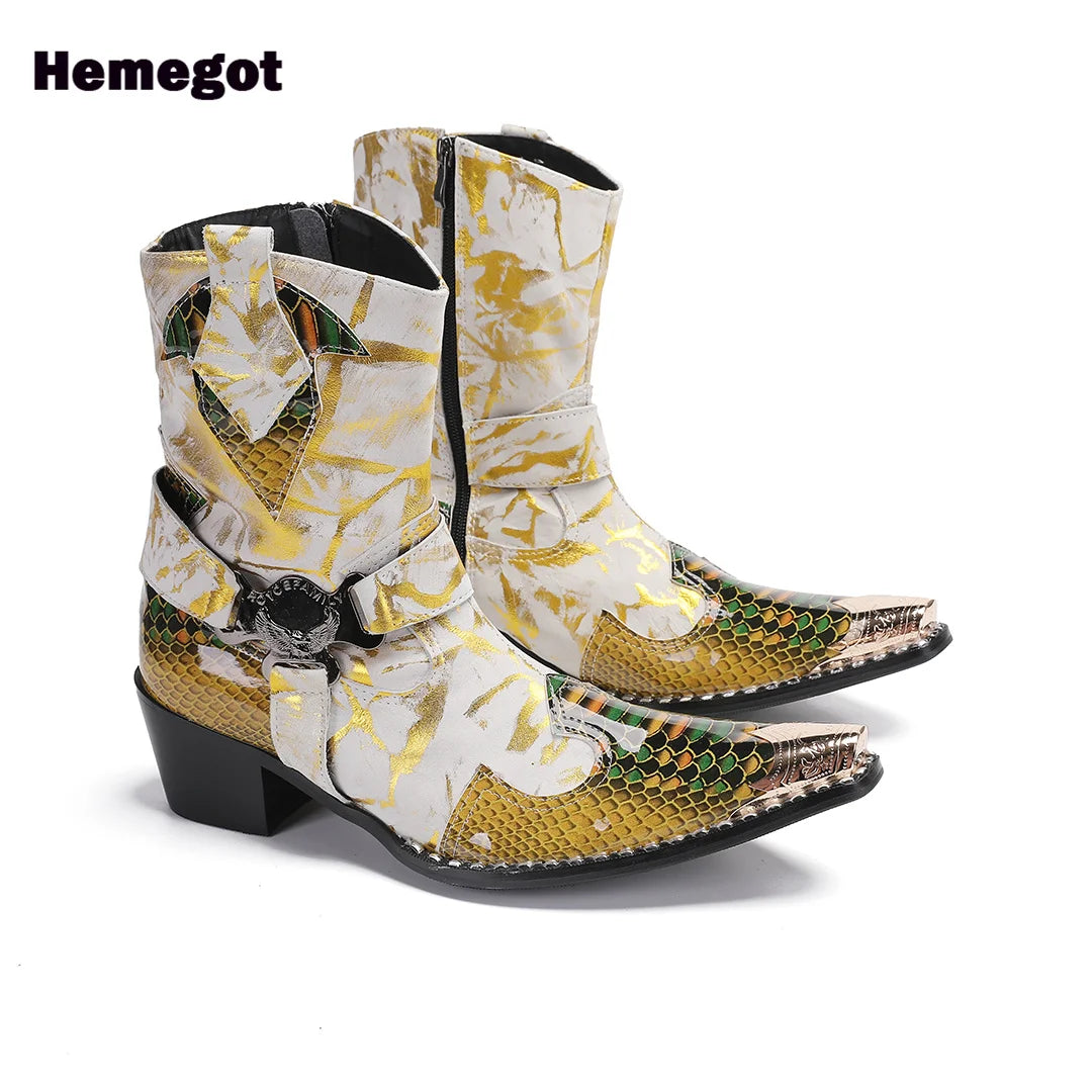 Herren-Stiefelette mit spitzem Zehenbereich, goldfarbenem Obermaterial, seitlicher Reißverschluss