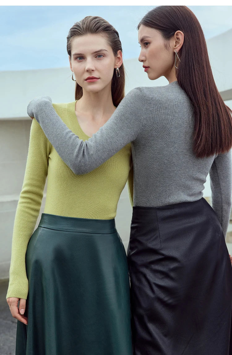 Damen-Strickpullover mit U-Ausschnitt, gelbgrün und grau, lange Ärmel