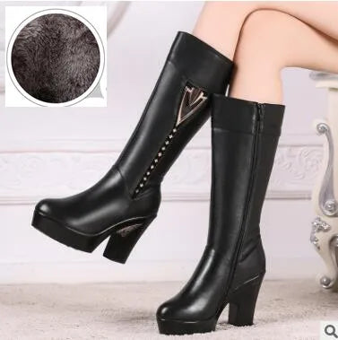 AIYUQI winter women boots first layer of leather high heeled genuine leather boots Gaotong thick with long barreled boots wool