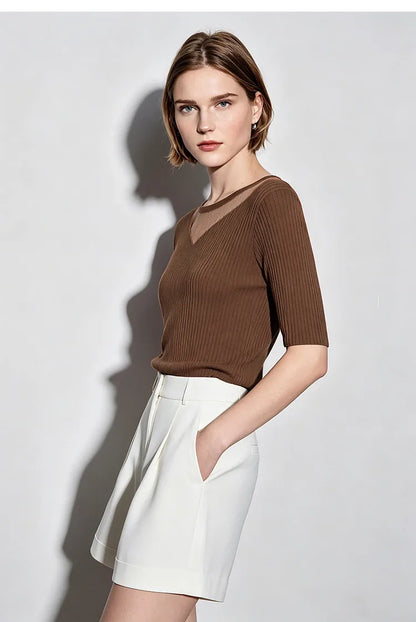 Damen-Rundhalspullover Mesh-Panel Slim Kurzarm Viskose Sommer