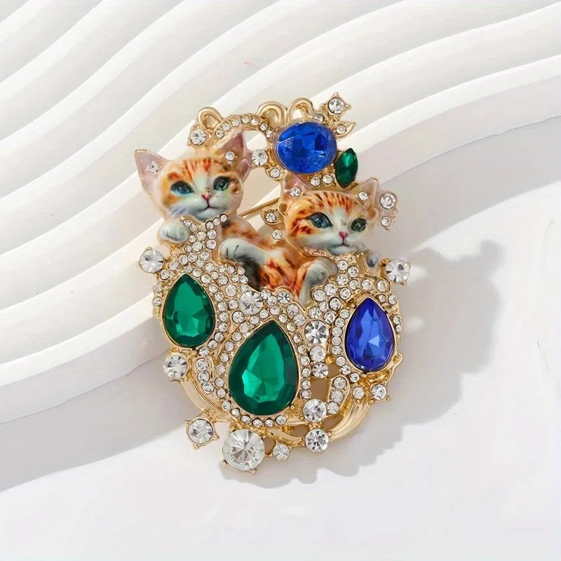 Brosche Katze Kätzchen Kristall Emaille Barock Vintage Anstecknadel Damen