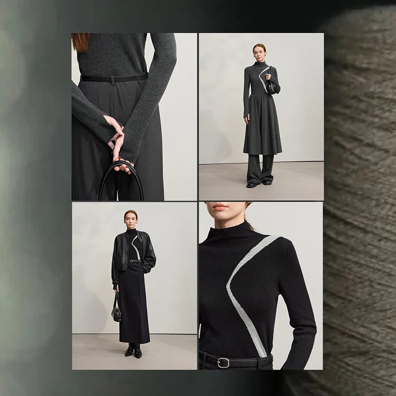 Stehkragenpullover im Detail: schwarzes Strickteil mit weißem diagonalen Streifen