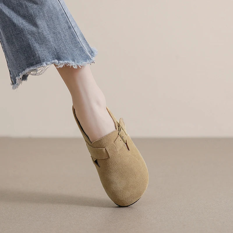 AIYUQI Hausschuhe Frauen Echt Leder 2025, Neue Große Größe 41 42 43 Frauen Sommer Schuhe Retro Oberbekleidung Flache Faule halbe Hausschuhe Frauen