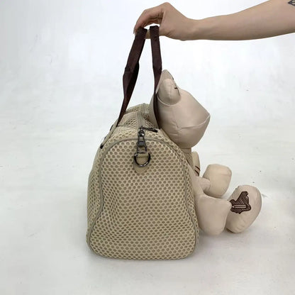 Damen-Umhängetasche aus Nylon mit Mesh-Details und Bärchen-Design Großes Fassungsvermögen mit Langem Tragegurt