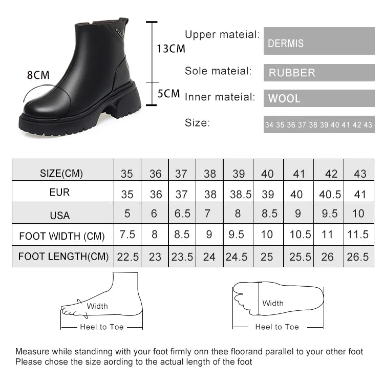 Größenübersicht für Stiefeletten mit Fußlängen- und Weitenangaben (Größe 34–43)