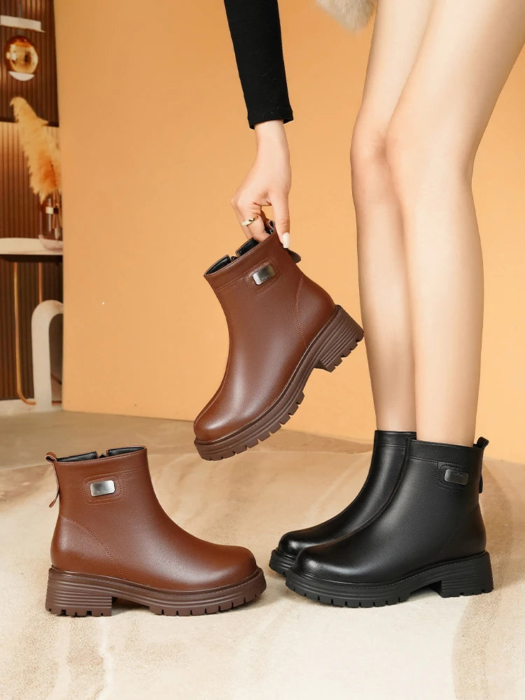 Damen-Snowboots aus Leder mit Wollfutter, braun und schwarz, Profilsohle