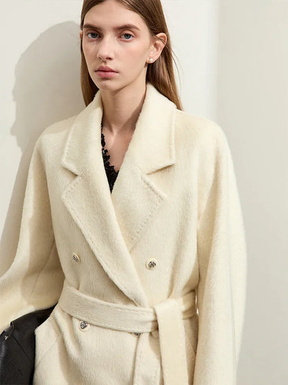 Damen Wollmantel im minimalistischen Stil mit Winter-Reverskragen und Gürtel