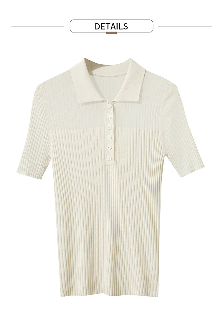 Damen Strickoberteil mit Revers und halber Knopfleiste für den Sommer