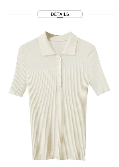 Damen Strickoberteil mit Revers und halber Knopfleiste für den Sommer