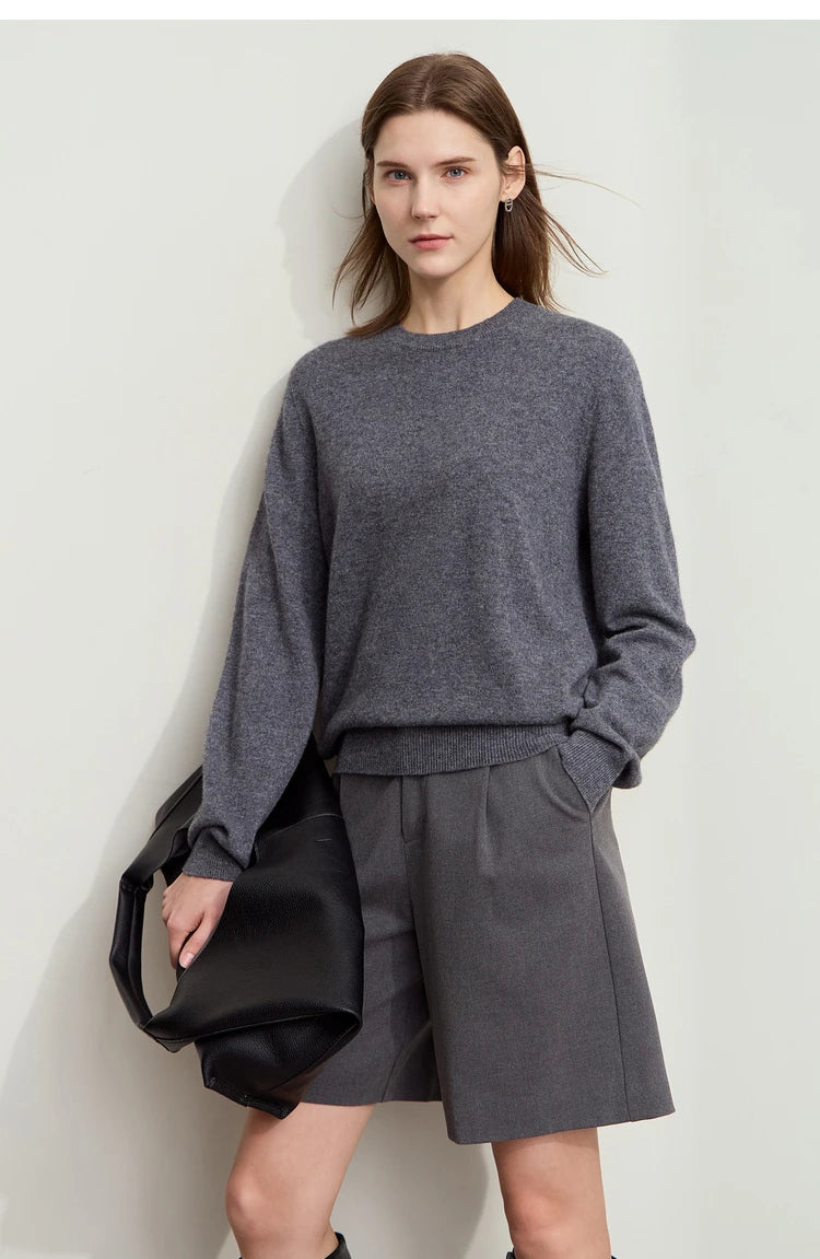 Damen-Rundhalspullover Wolle-Kaschmir nahtlos Streetwear Herbst-Winter