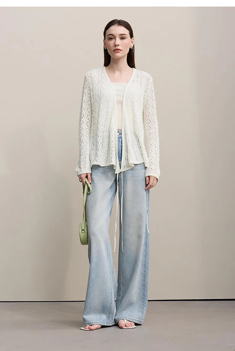 Damen-Strickjacke V-Ausschnitt Wolle Hohlstrick locker Langarm Frühling