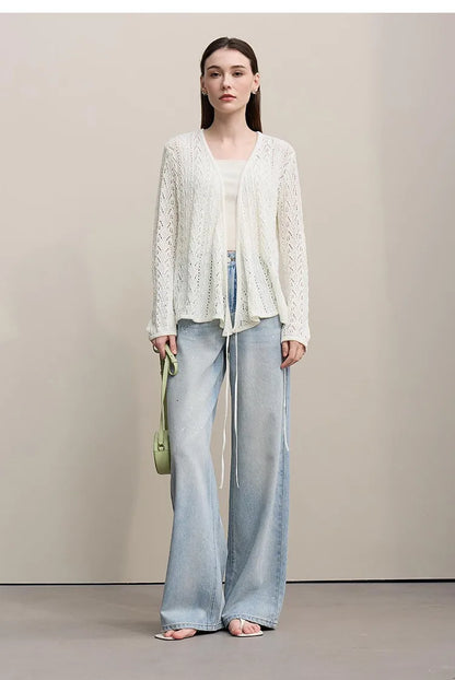 Damen-Strickjacke V-Ausschnitt Wolle Hohlstrick locker Langarm Frühling