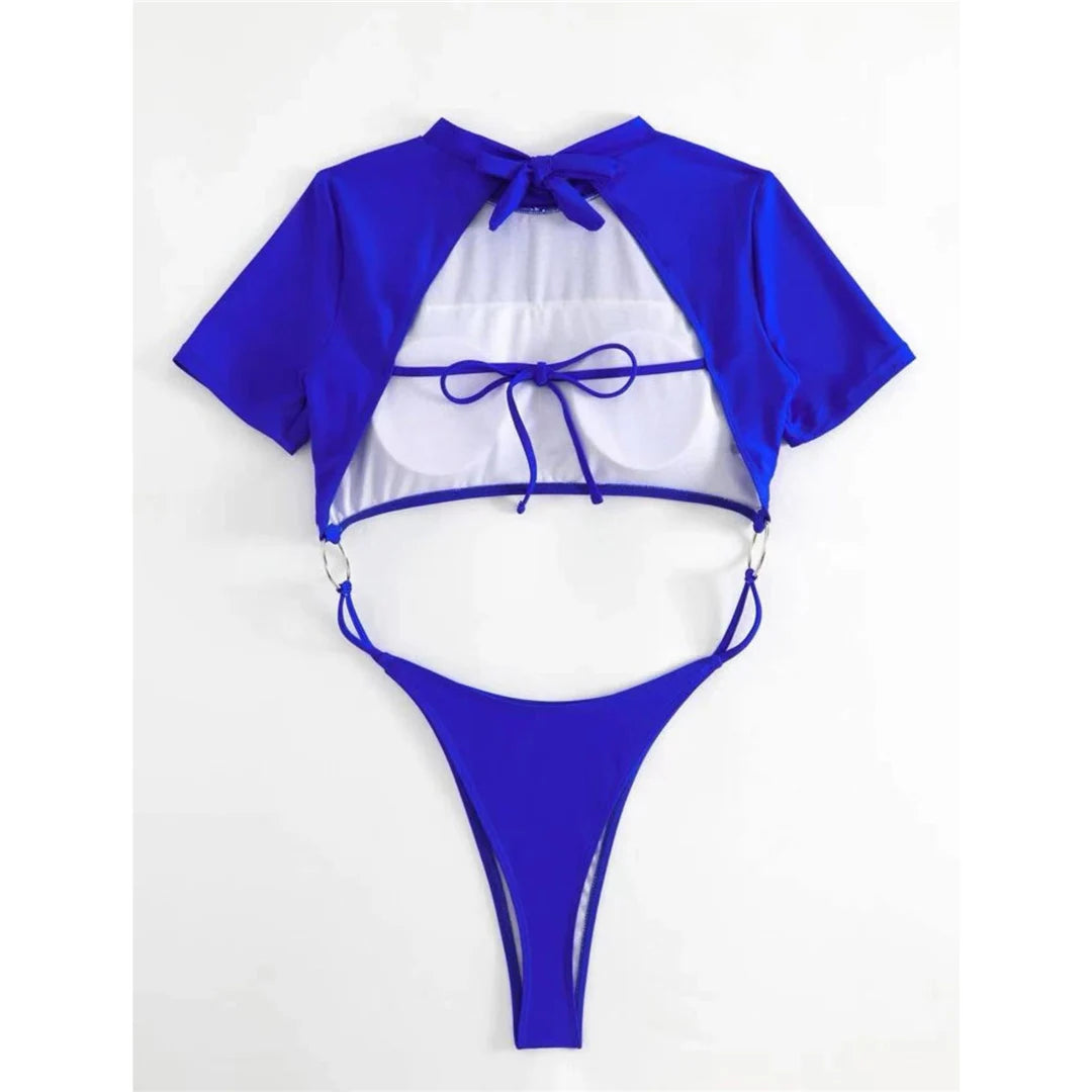 Damen Badeanzug Micro Tanga Cut-Out Monokini Kurzarm 9 Farben