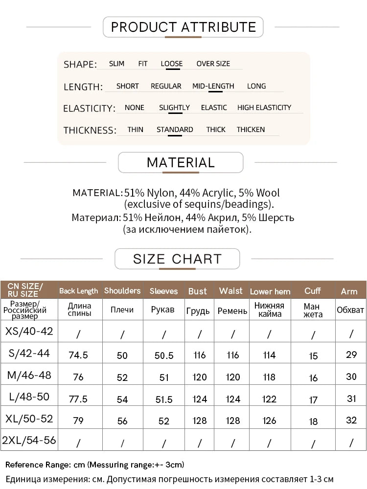 Größen- und Materialtabelle für AMII Strickpullover, Übersicht zu Passform und Dehnbarkeit
