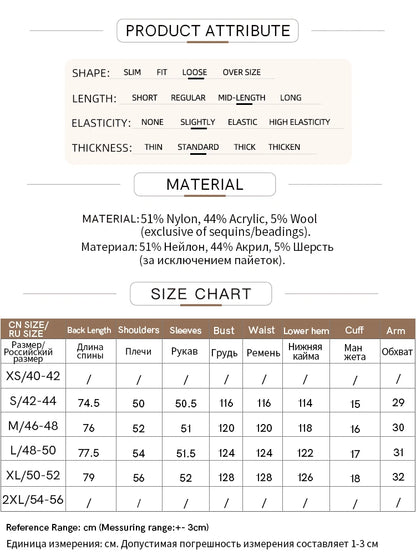 Größen- und Materialtabelle für AMII Strickpullover, Übersicht zu Passform und Dehnbarkeit