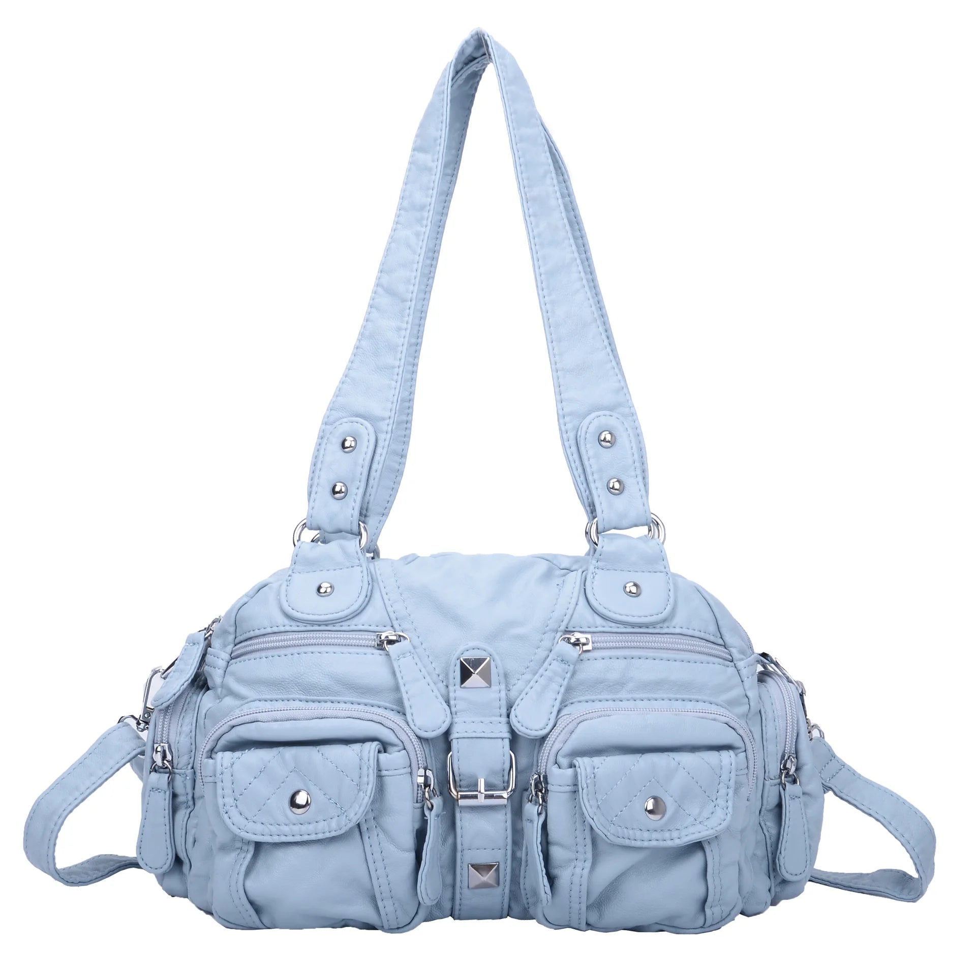 Hellblaue Damen-Umhängetasche mit mehreren Taschen, kurzen Griffen und verstellbarem Riemen