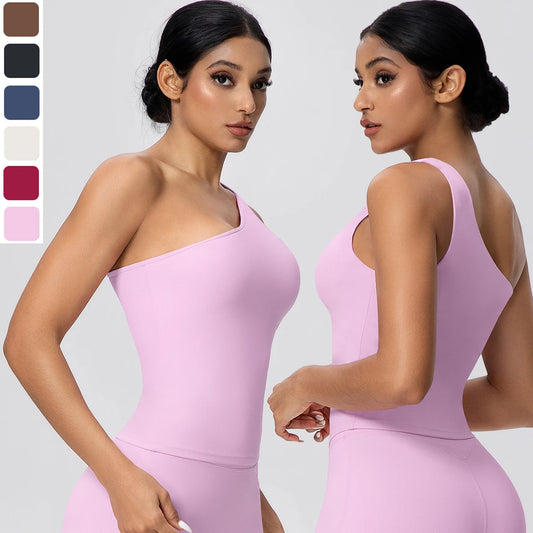 Sport-Yogatop für Damen, einseitiger Träger, figurbetont, fliederfarbenes Design