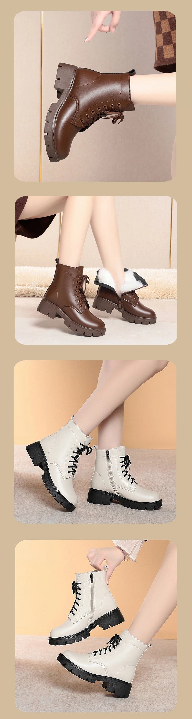 Braune Winterstiefel mit Schnürung und flauschigem Innenfutter, dicke Profilsohle