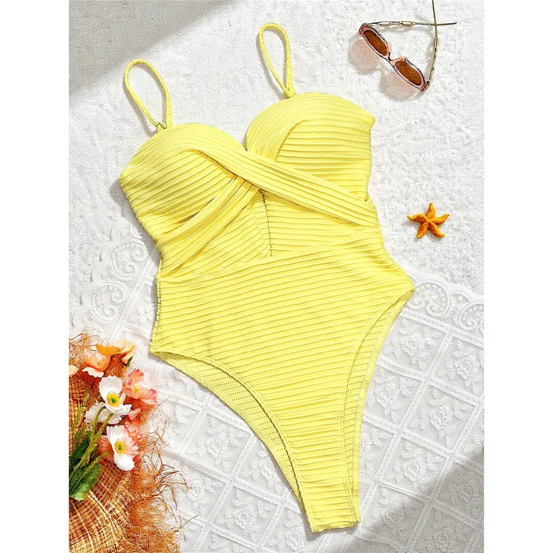 Damen Badeanzug Cut-Out gerüscht hoher Beinausschnitt BH-Cup Monokini