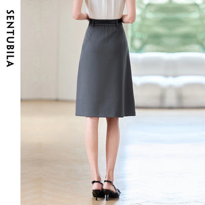 Damen Rock in Grau mit hohen Taille und Falten im Büro-Stil