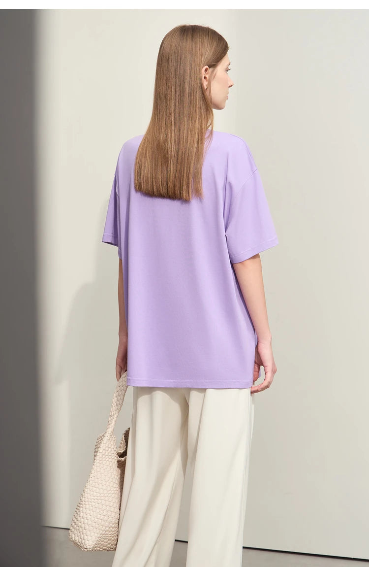 Damen T-Shirt im Minimalismus-Stil mit Taschen und elastischem O-Neck