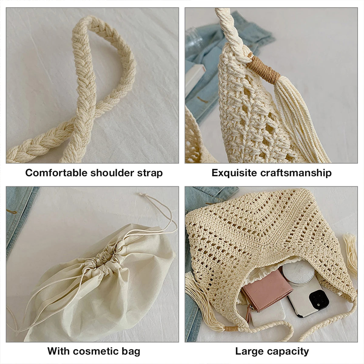 Damen Tote Bag Beach Woven Travel Shoulder Crossbody Purse