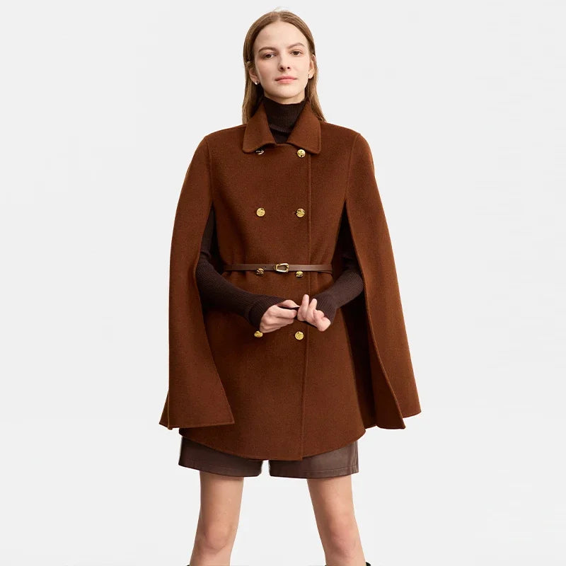 Damen Wollmantel im Vintage-Stil mit Revers und Ledergürtel für Winter