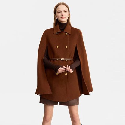 Damen Wollmantel im Vintage-Stil mit Revers und Ledergürtel für Winter