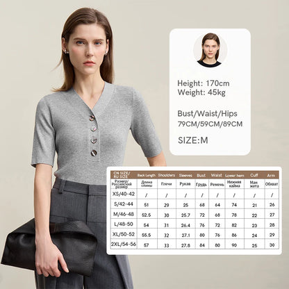 Damen V-Ausschnitt Pullover Wolle-Mix Halbarm Slim Frühling-Herbst