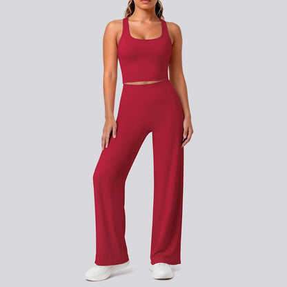 Damen Yoga-Set mit Crop-Top und locker fallender Hose, rot-bordeauxfarben