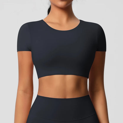 Workout-Top für Damen mit Brustpolstern, schwarz, kurzarm, rundhalsausschnitt