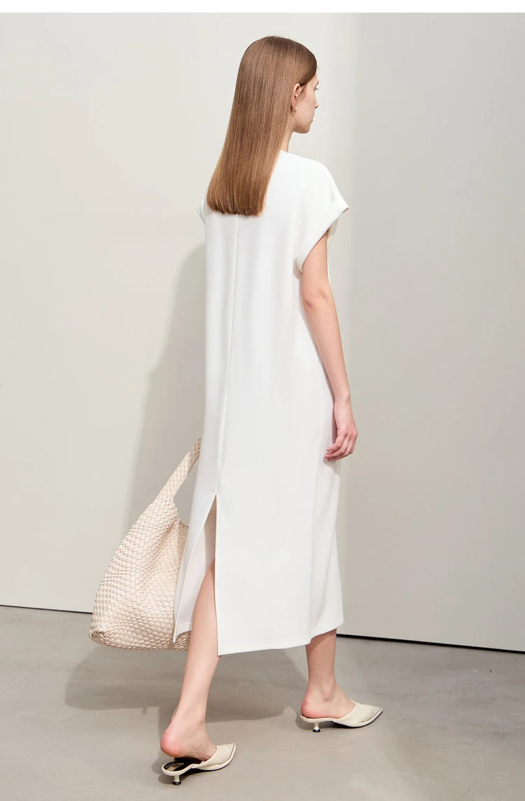 Damen Kleid für Sommer neue lässige O-Ausschnitt Kurzarm Midi gerade Perlen Stickerei Kleid Dame