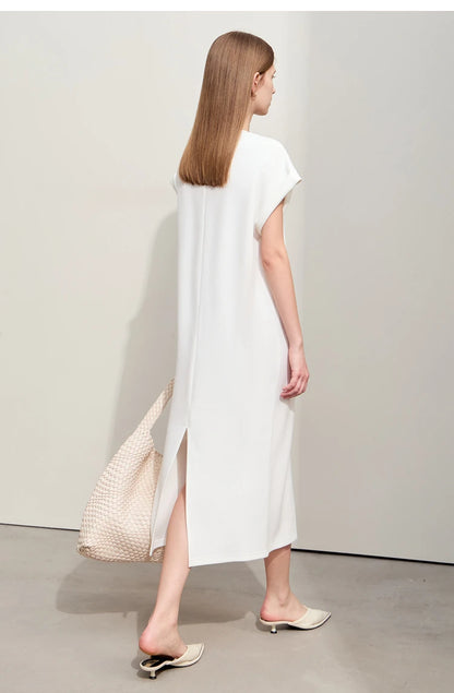 Damen Kleid für Sommer neue lässige O-Ausschnitt Kurzarm Midi gerade Perlen Stickerei Kleid Dame