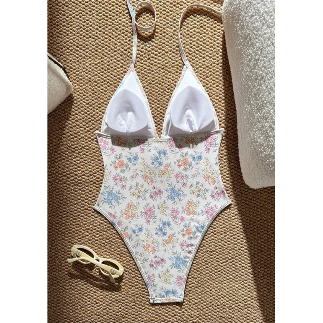 Damen Badeanzug Blumen V-Ausschnitt Neckholder Monokini hoher Beinausschnitt
