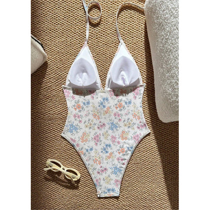 Damen Badeanzug Blumen V-Ausschnitt Neckholder Monokini hoher Beinausschnitt