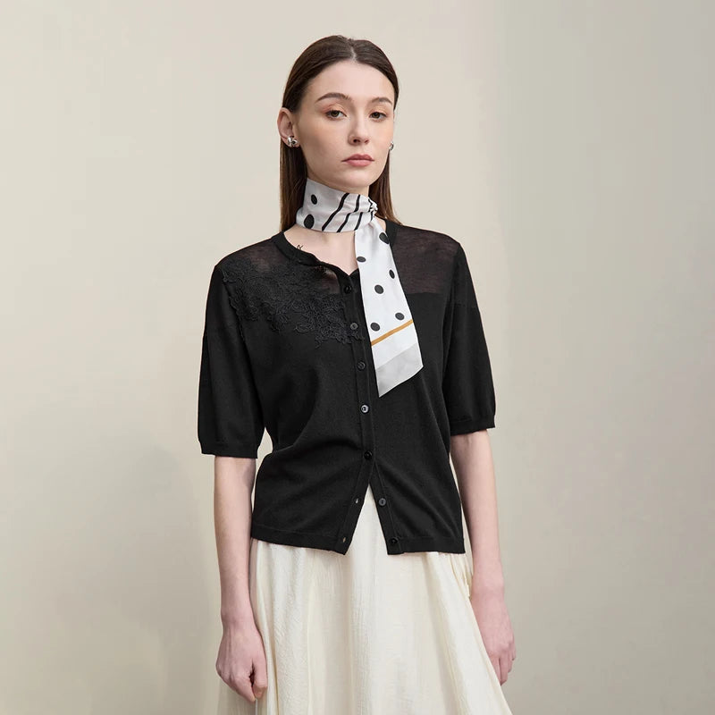 Damen-Strickjacke Viskose Spitzen-Patchwork Kurzarm offen Büro Sommer