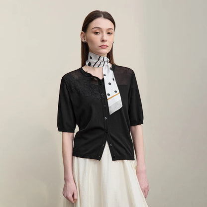 Damen-Strickjacke Viskose Spitzen-Patchwork Kurzarm offen Büro Sommer