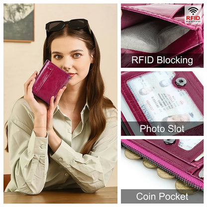 Damen Echtleder Geldbörse Bifold Luxus Retro Fotofächer Kartenhalter Reise Geschenk