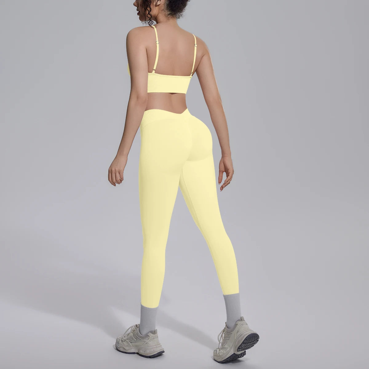 Yoga-Set für Damen mit gepolstertem Sport-BH und Leggings, hellgelb, Rückansicht