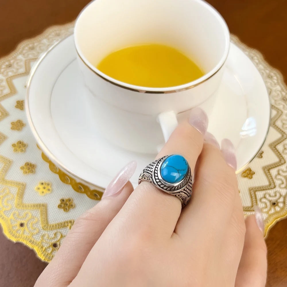 Damen-Ring oval blau ethnisch energetisch aus Sterlingsilber