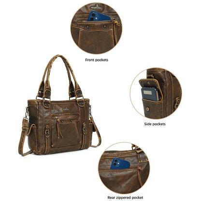 Damen-Schultertasche aus PU mit Mehrfachfächern Bronze Vintage Look Geräumige Innentaschen